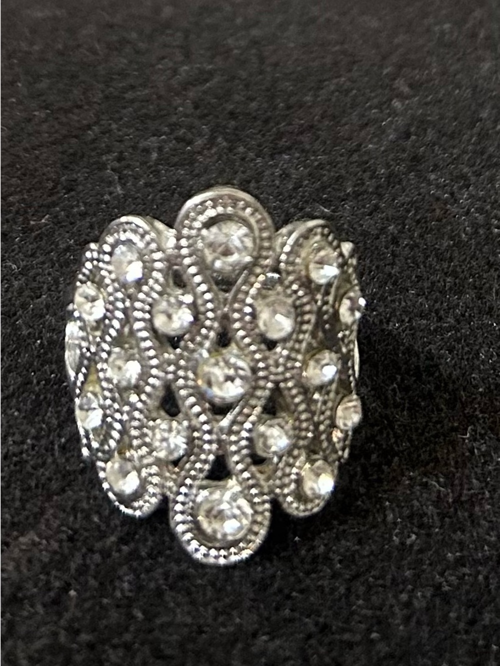 Vintage-Style Silver Crystal Statement Ring - Silver